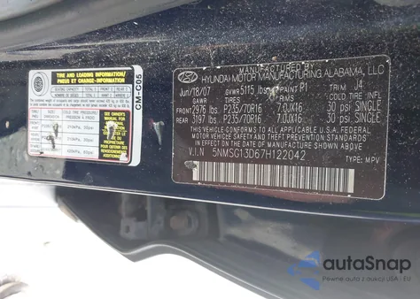 2007 Hyundai Santa Fe Gls from USA, damaged, VIN 5NMSG13D67H122042